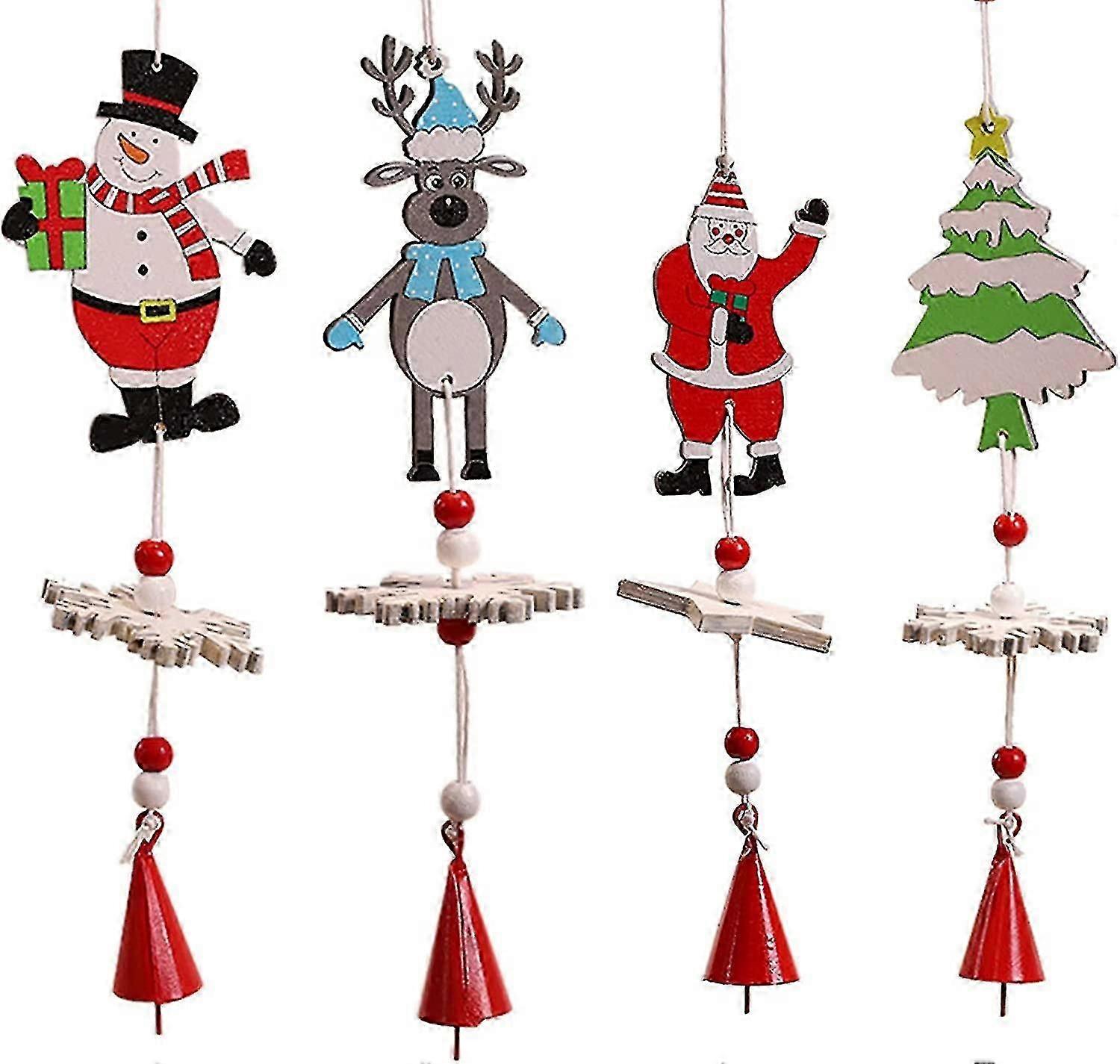 4pcsクリスマス風鈴雪だるまベル木製クリスマスツリーハンギングオーナメントエルクサンタクリスマスツリーホームデコレーションペンダントクラフトクリスマスフェスティ