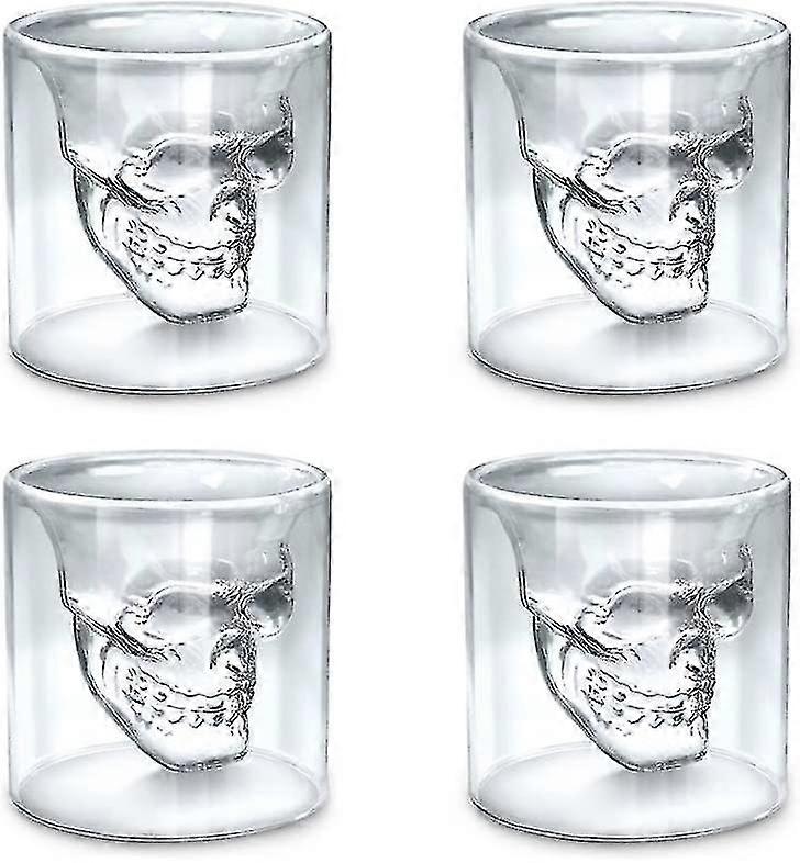 Set of 4 Mini 25ml Crystal Skull Shot Glasses with Double Layer Transparent Design - Piratical Gift (New Arrival)