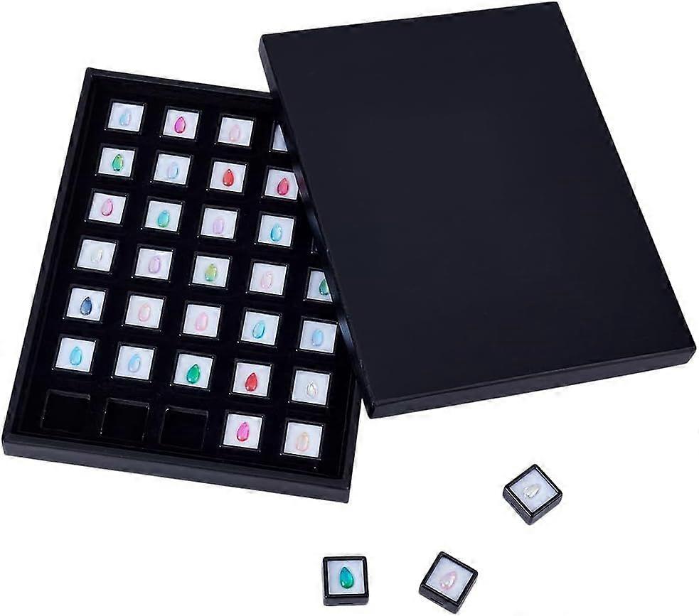 35 Pack Black Gemstone Display Box PU Leather Display Tray Jewelry Box Container with Paper Lid for Gems Diamond Gift Packing 1.1x0.6inch
