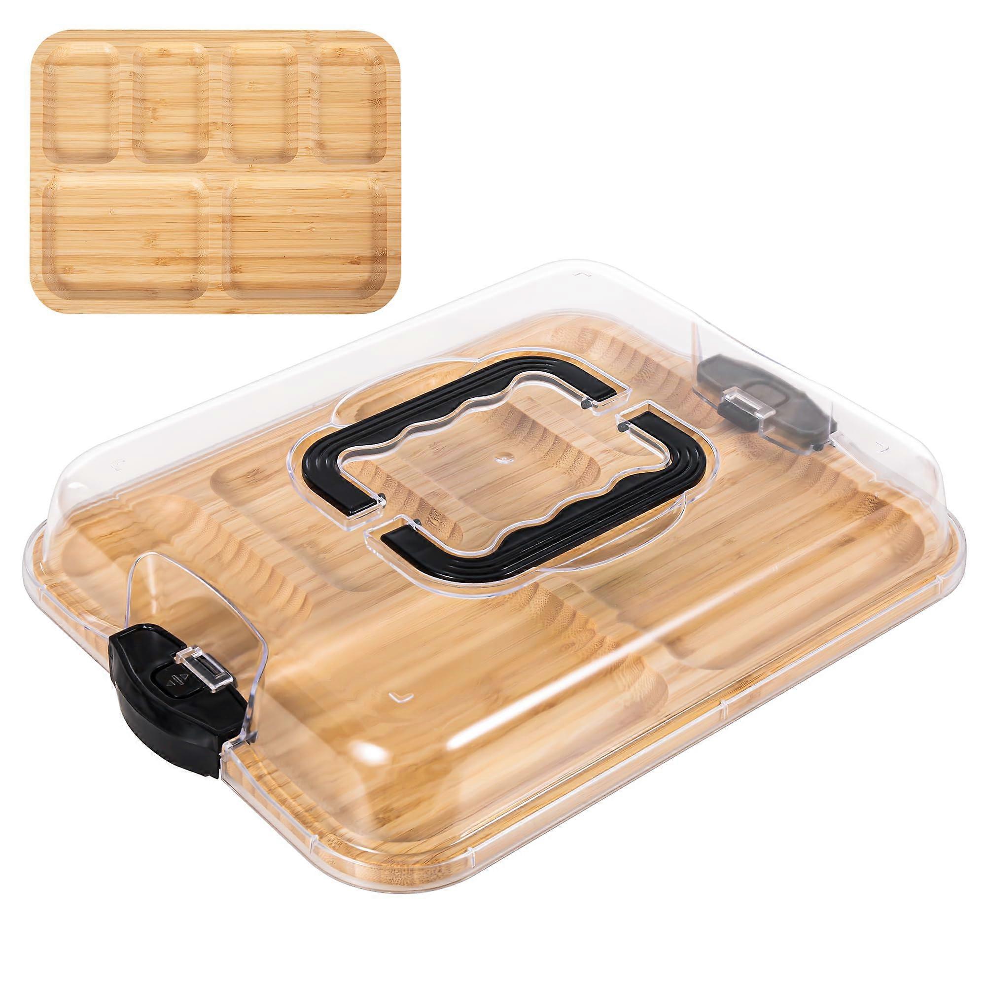 Bamboo Snack Serving Tray with Lid and Handle, 6Compartment Food Storage Platter for Picnic, Party and Travel