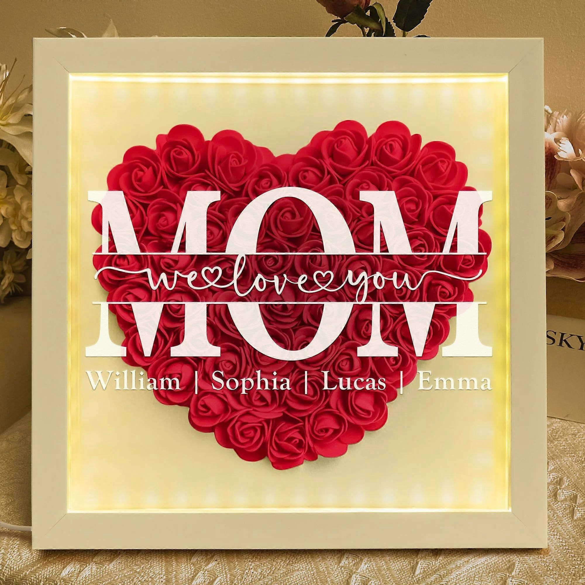 Mother's Day Gift  Mom Shadow Box with LED Light and Custom Name Flower Keepsake