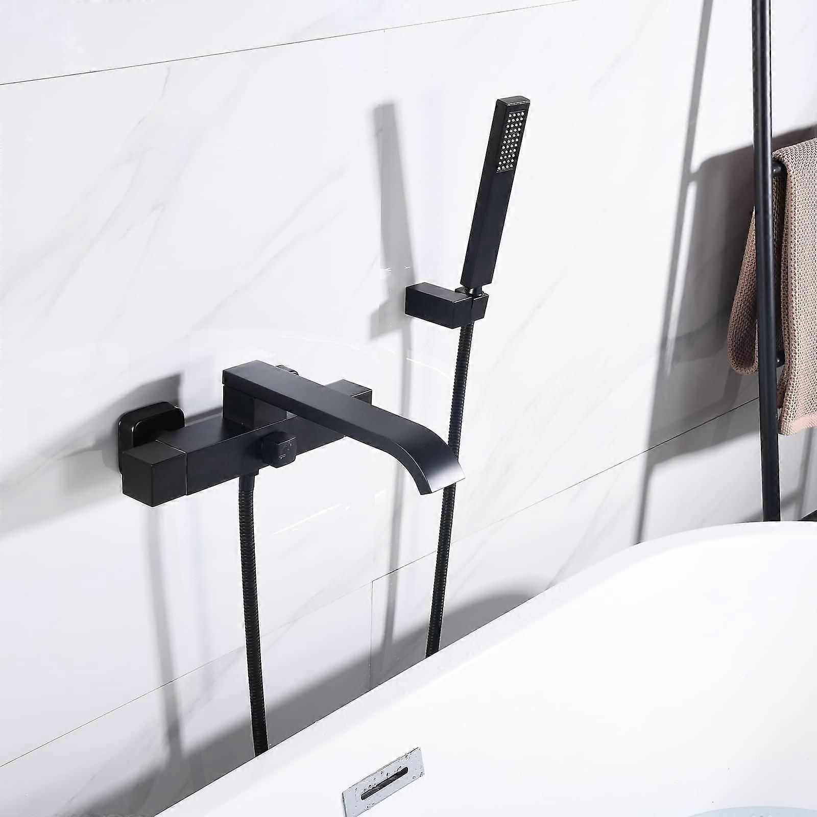 Black Wall Mounted Bath Mixer Tap with Shower, Double Handle Brass Set, Rust Resistant