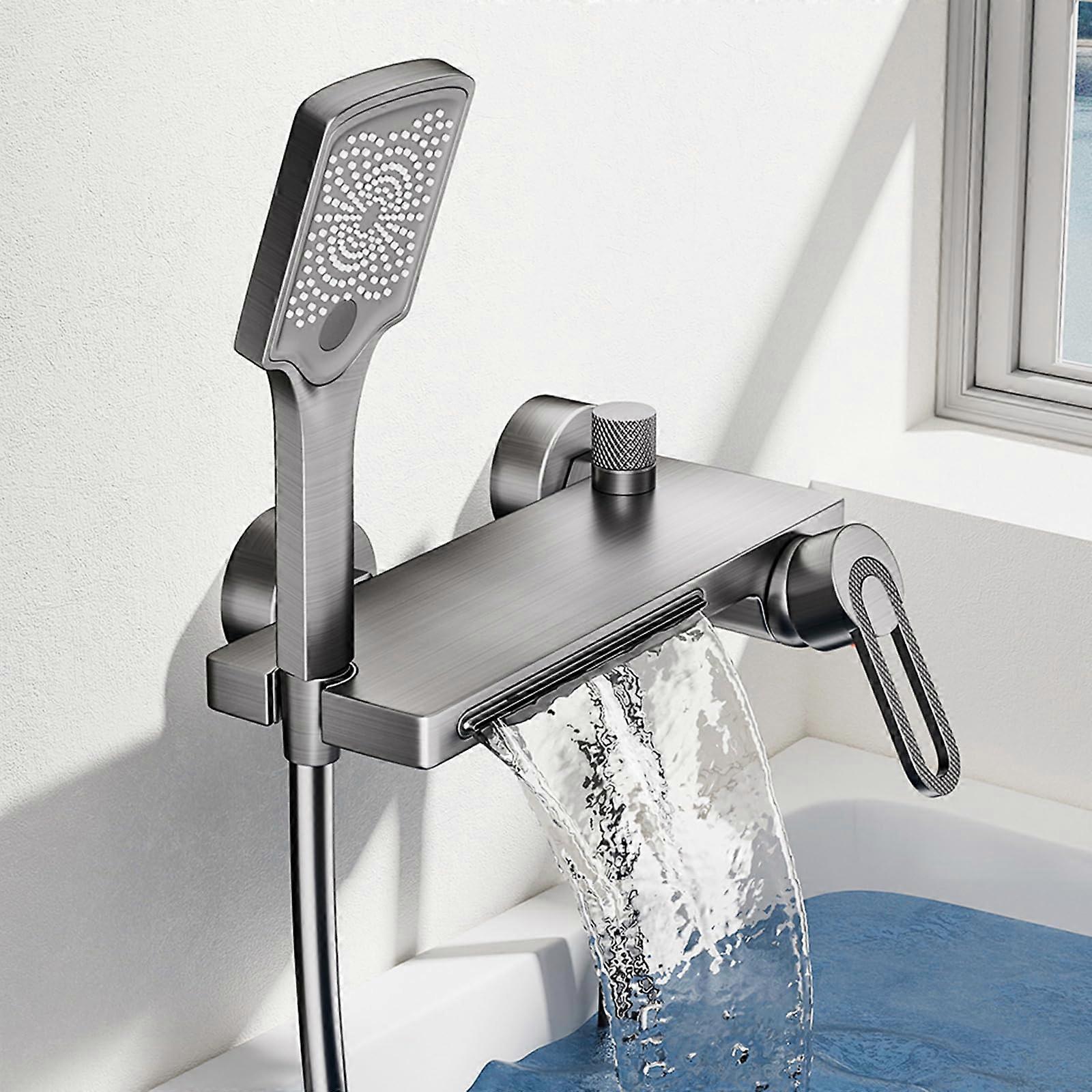 Wall Mounted Shower Mixer Tap with Handheld, Waterfall Bathtub Faucet Grey, Fast Filling
