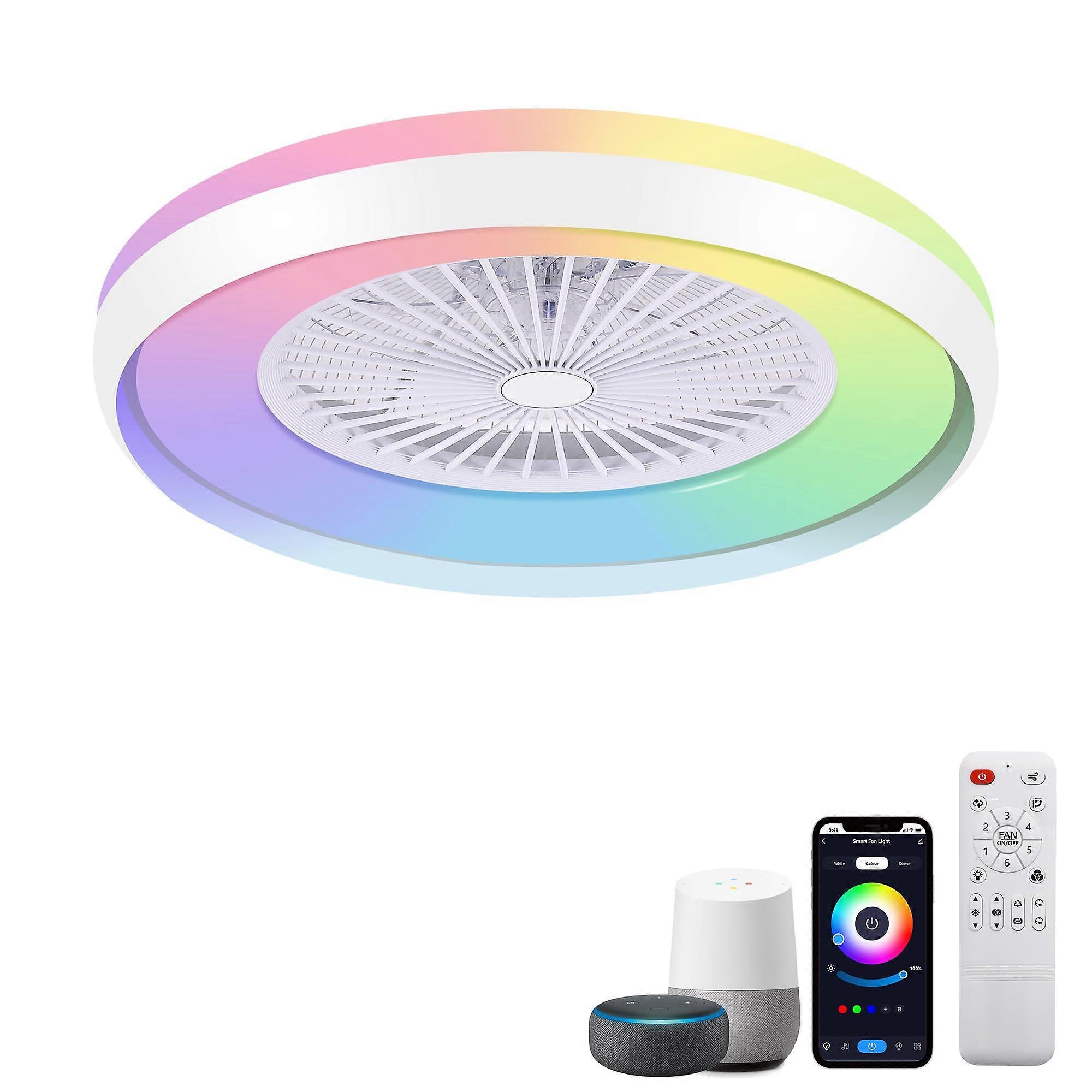 Smart Bladeless Ceiling Fan with RGB Dimmable LED Light, Low Profile, App and Voice Control, White