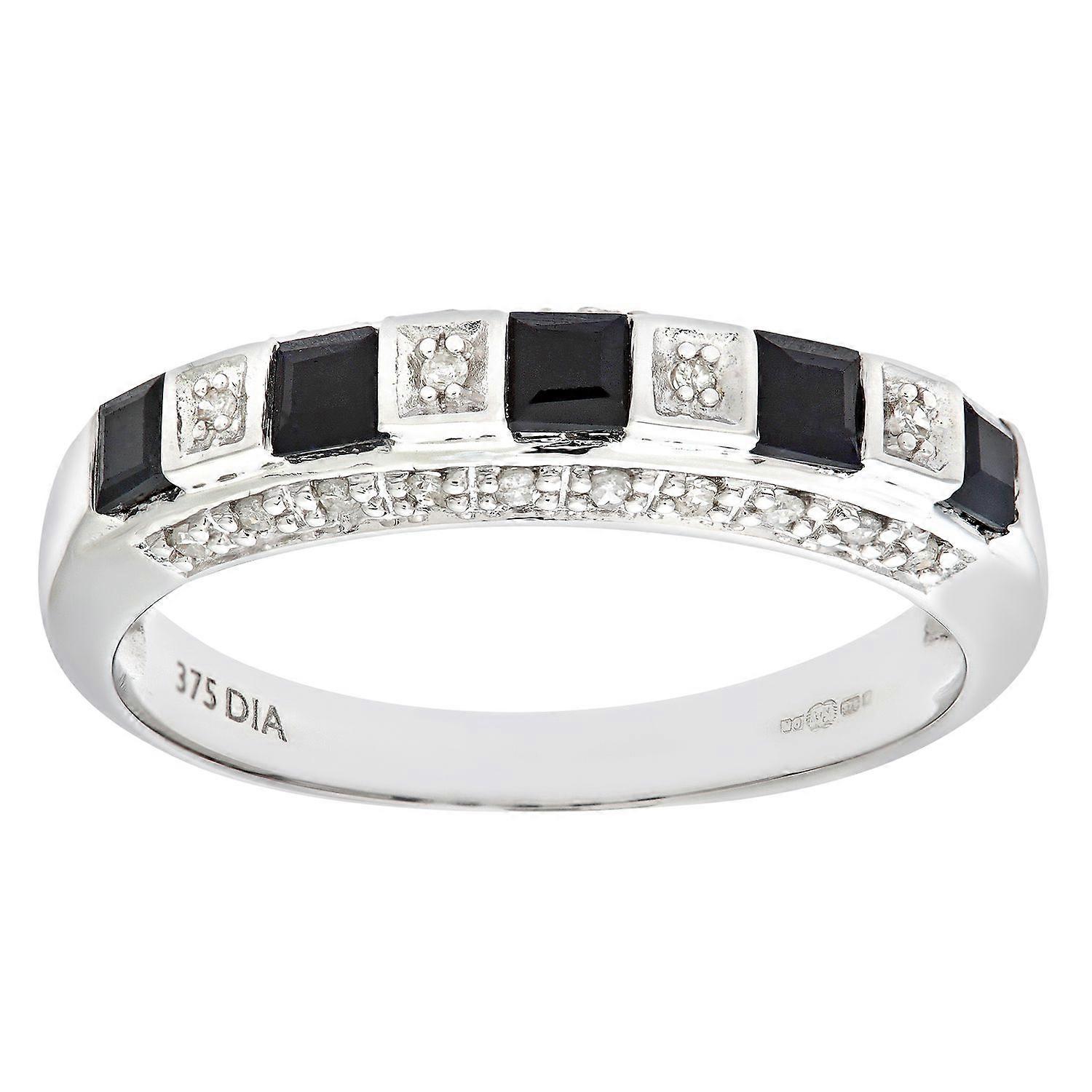 Jewelco London 9ct White Gold 10pts Diamond Square 0.59ct Sapphire Pave Sides 5 Stone Eternity Ring 2.5mm
