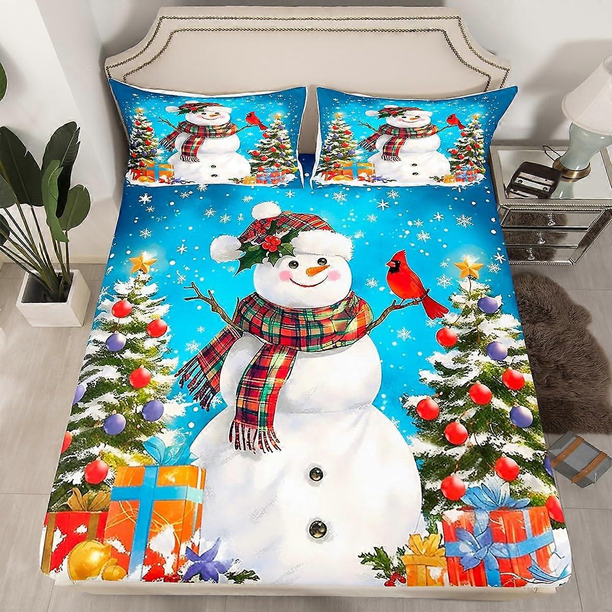 Christmas Bed Sheet Set Full Size Microfiber Deep Pocket WrinkleResistant Snowman Tree Design