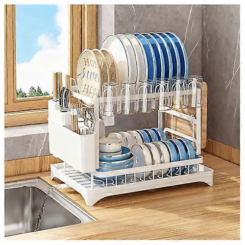 2 Tier Dish Drying Rack with Drainboard and Cup Holder, Compact Dish Drainer for Small Kitchen Counter