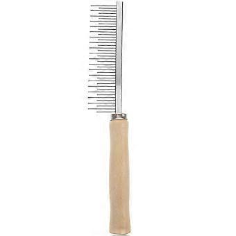 Zilverkleurige hondenkam met houten handvat voor efficiënte verzorging.
