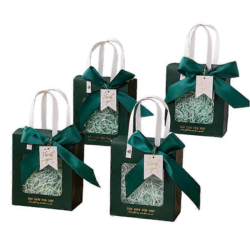 Green Clear-Window Gift Bag Set with Ribbon, 4-Pack