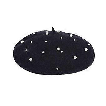 Ull Pearl Girl Beret Hat Vinter Beret Hatt Söt Varm Basker Hatt Söt Beret Hatt Söt Beret Hatt (Svart)