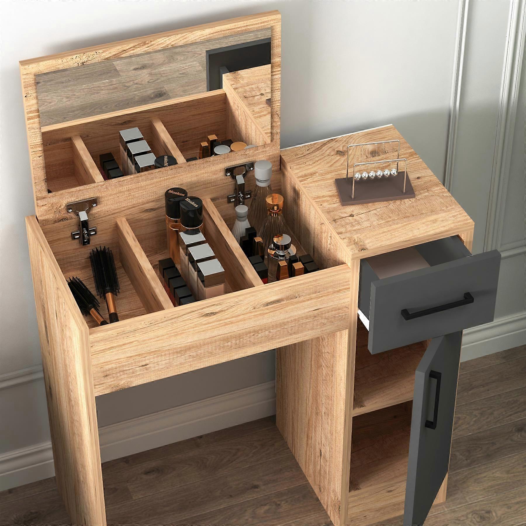 Agnes Makeup Vanity Table with Mirror - Atlantic Pine & Anthracite