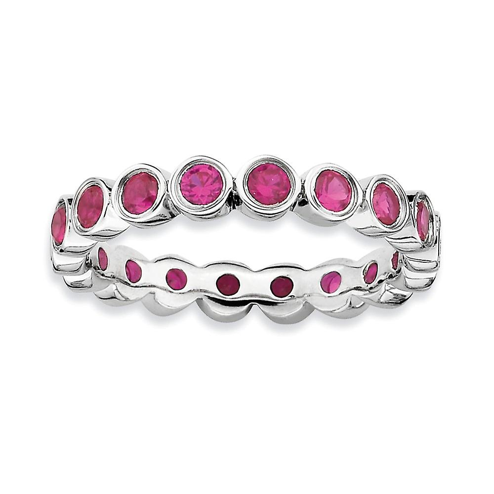 925 Sterling Silver Bezel Polished Patterned Created Ruby Ring-Ring for Women - Ring Size: 5 to 10
