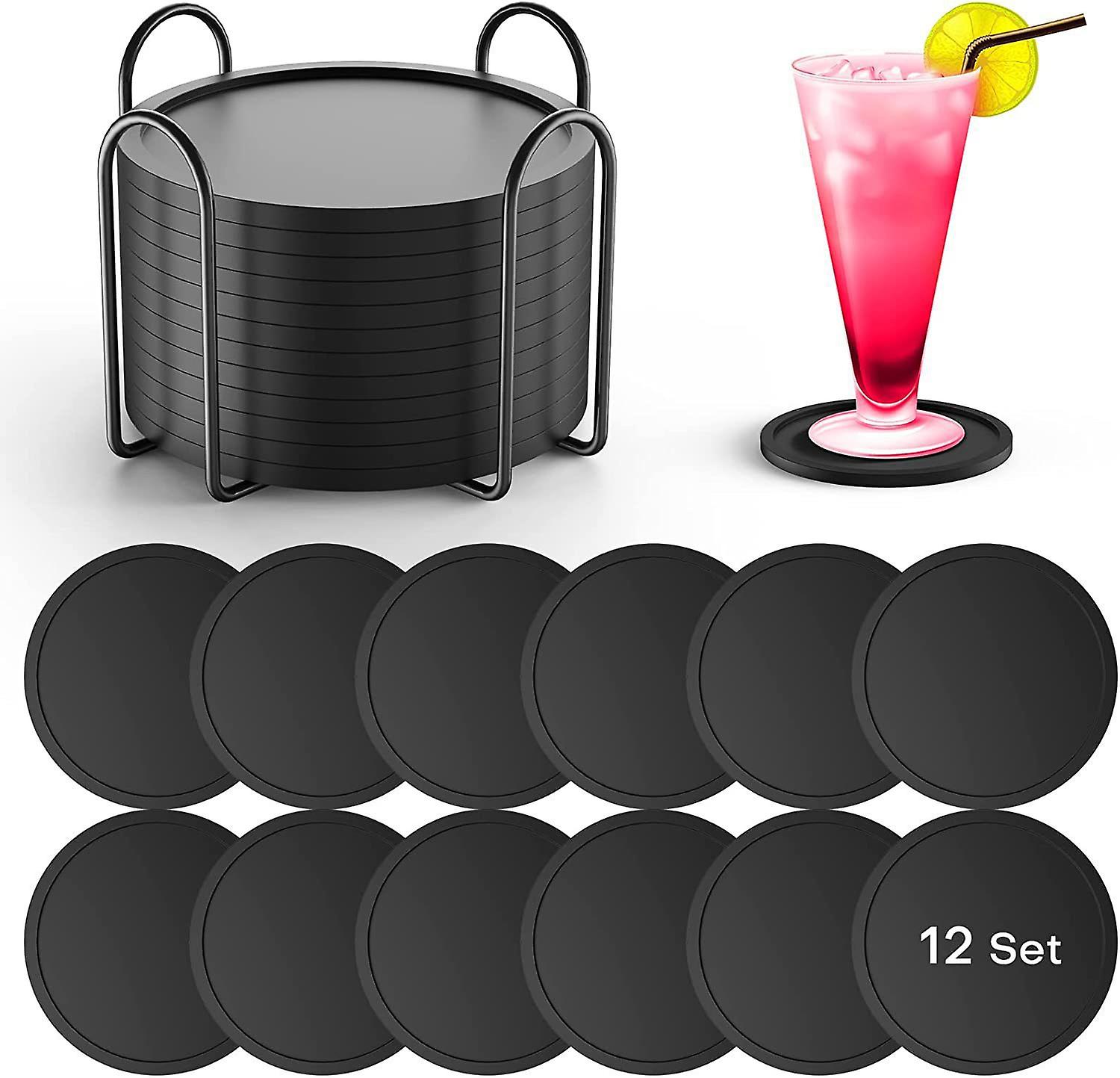 12 Pieces Black Coasters Silicone Coasters for Drinks Thickened Tabletop Coasters with Holder
