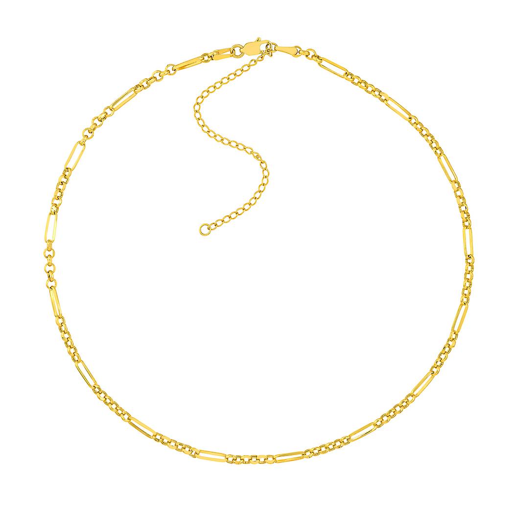 Colar ajustável com pingente de 40 cm (16 polegadas) em ouro amarelo 14k com 6+1 rolos vazados para mulheres.