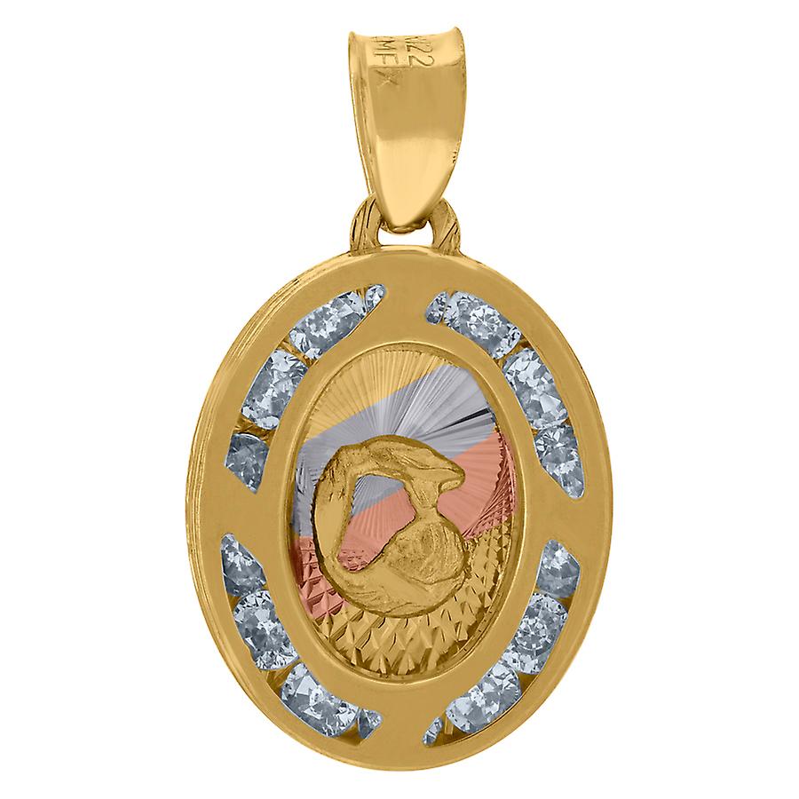 10k Tri color Gold Unisex Cubic Zirconia Textured Religious Oval Charm Pendant Necklace 19mm Long-Pendant for Women