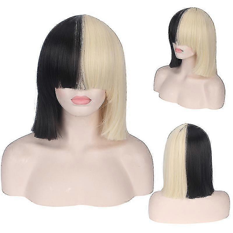 Role-playing Wig Half Blonde Black With Bangs 35 Cm