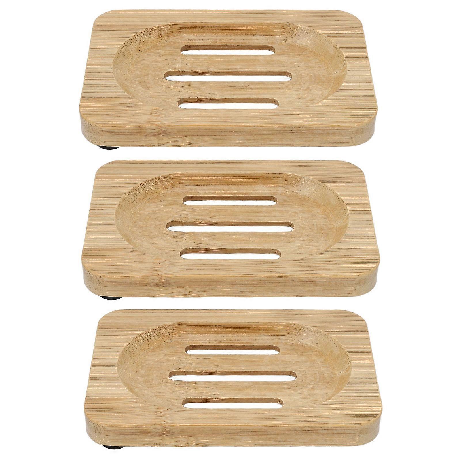 3pcs Bamboo Self Draining Soap Tray Rectangular Waterproof Slip Resistant Soap Dish Holder