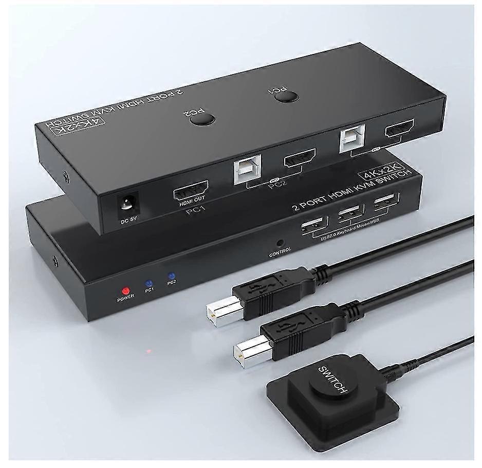 Hdmi KVM Switch Box 2 porte, 2 computer condividono 1 monitor, 3 hub USB 2.0 per stampante tastiera mouse, supporto UHD 4K @ 60Hz, 3 modalità di commutazione (nero)