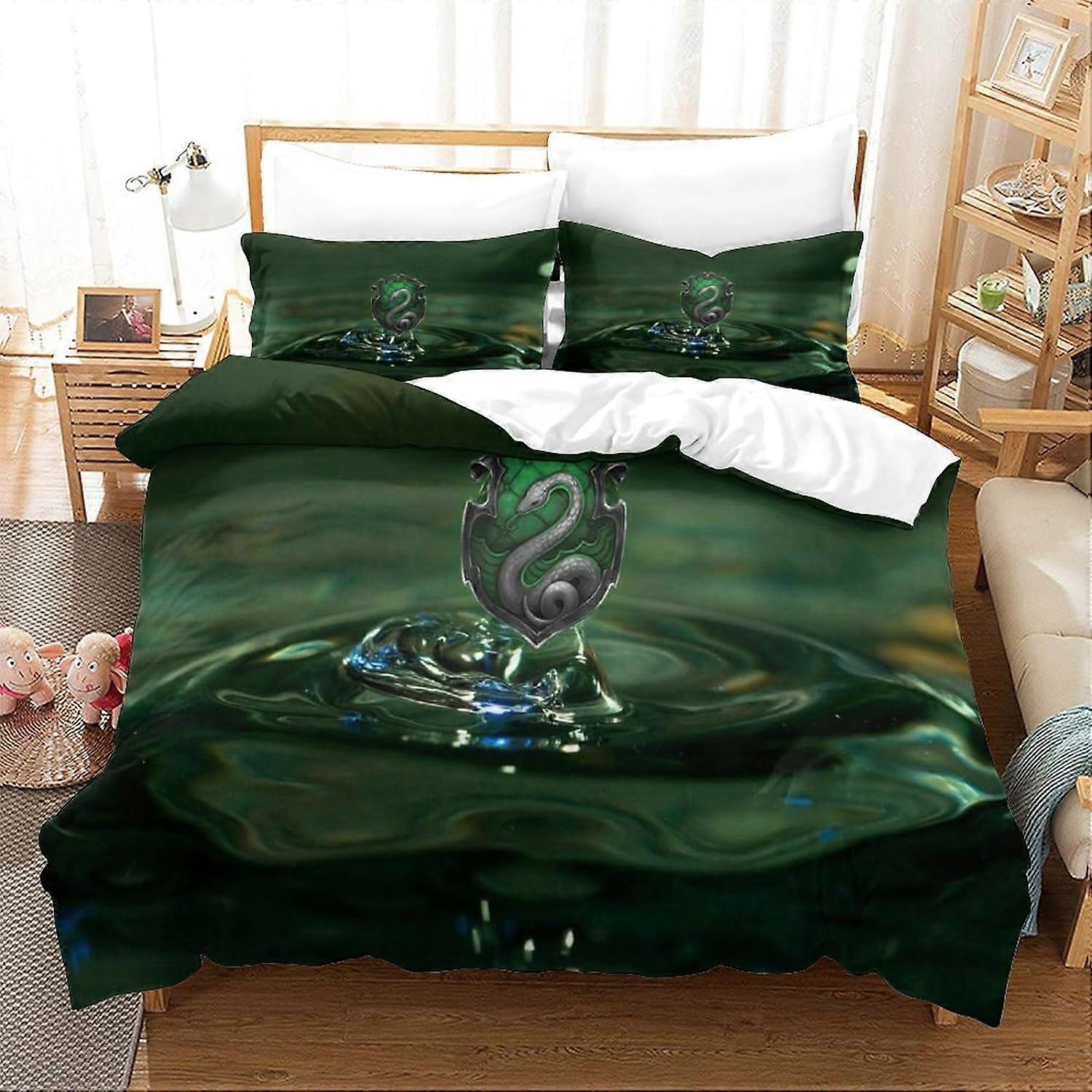 Kerota Set di biancheria da letto stampata in 3D 3 pezzi Set copripiumino Serpeverde Copripiumino morbido e di facile manutenzione per adulti e bam...