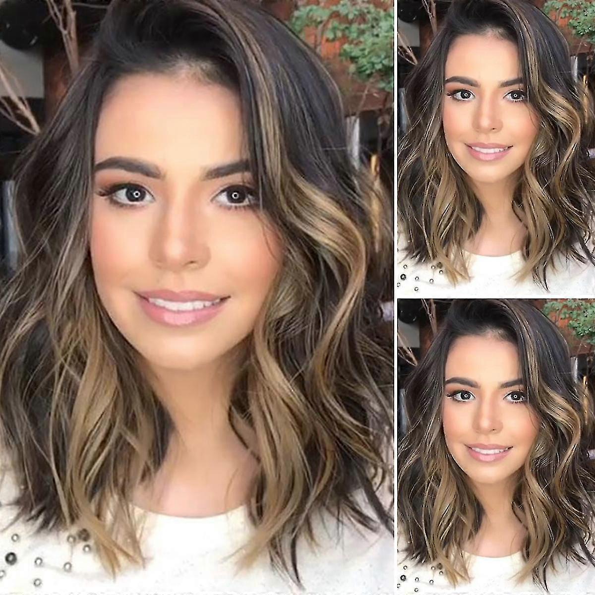 Womens Gradient Brown Shoulder-length Curly Hair Wig Wavy Natural