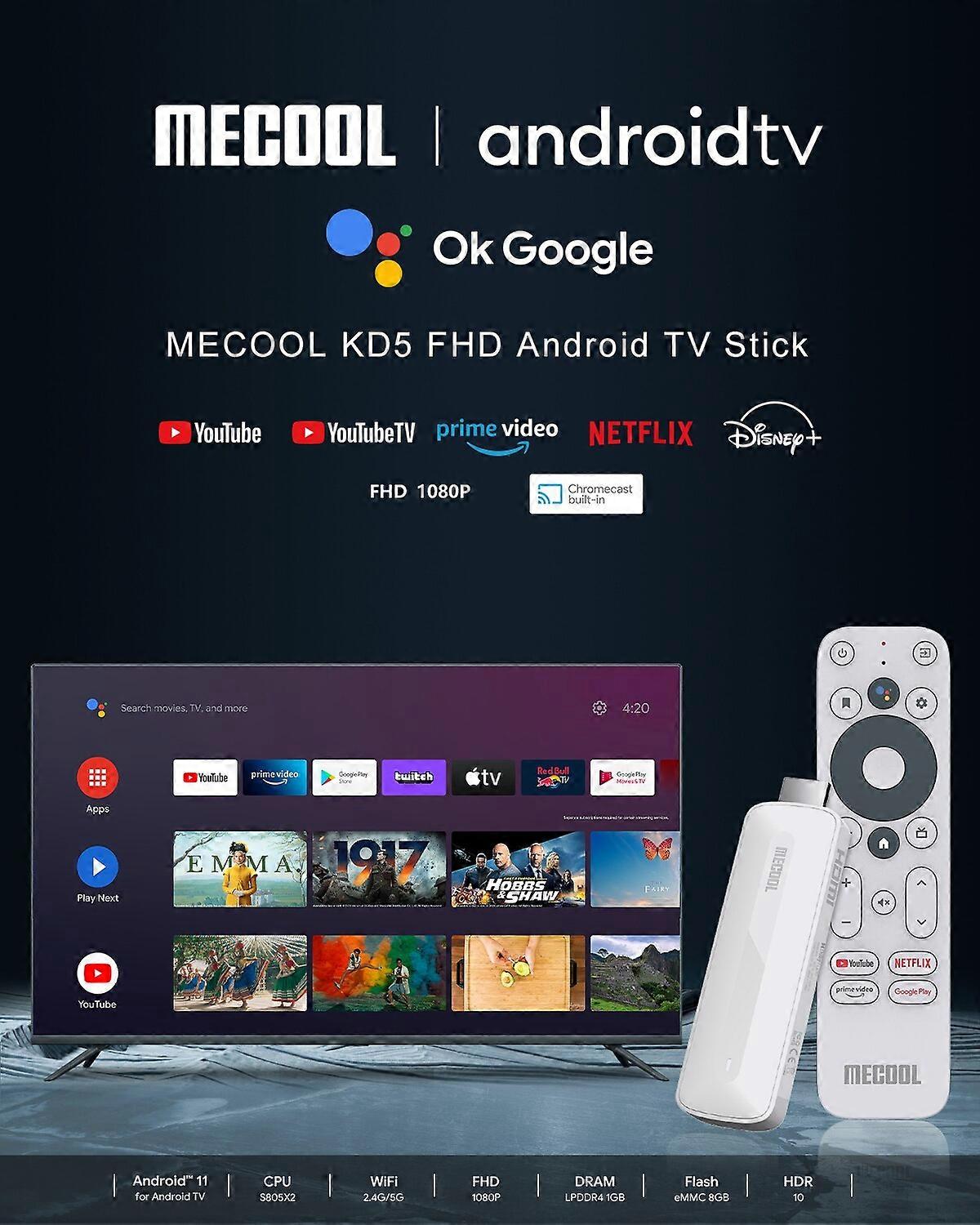 Mecool KD5 Android 11 TV Stick HDR10 Smart TV Box 1 Go 8 Go WiFi 2.4G 5G Mini Streaming Media Player