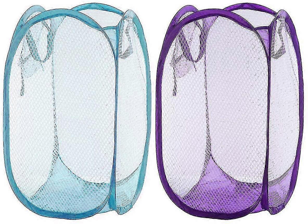 2pcs Foldable Mesh Pop-up Laundry Basket With Side Pocket