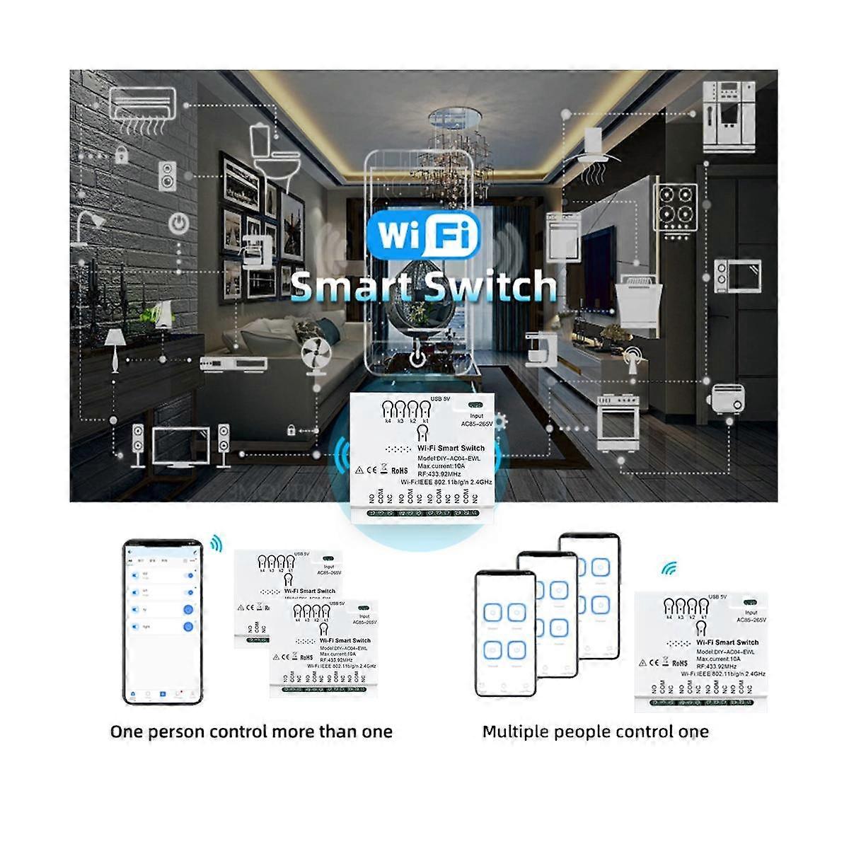4CH WiFi Smart Switch RF433 85-265V 2.4G WiFi Smartlife Home Automation Module for IFTT Alexa Googl