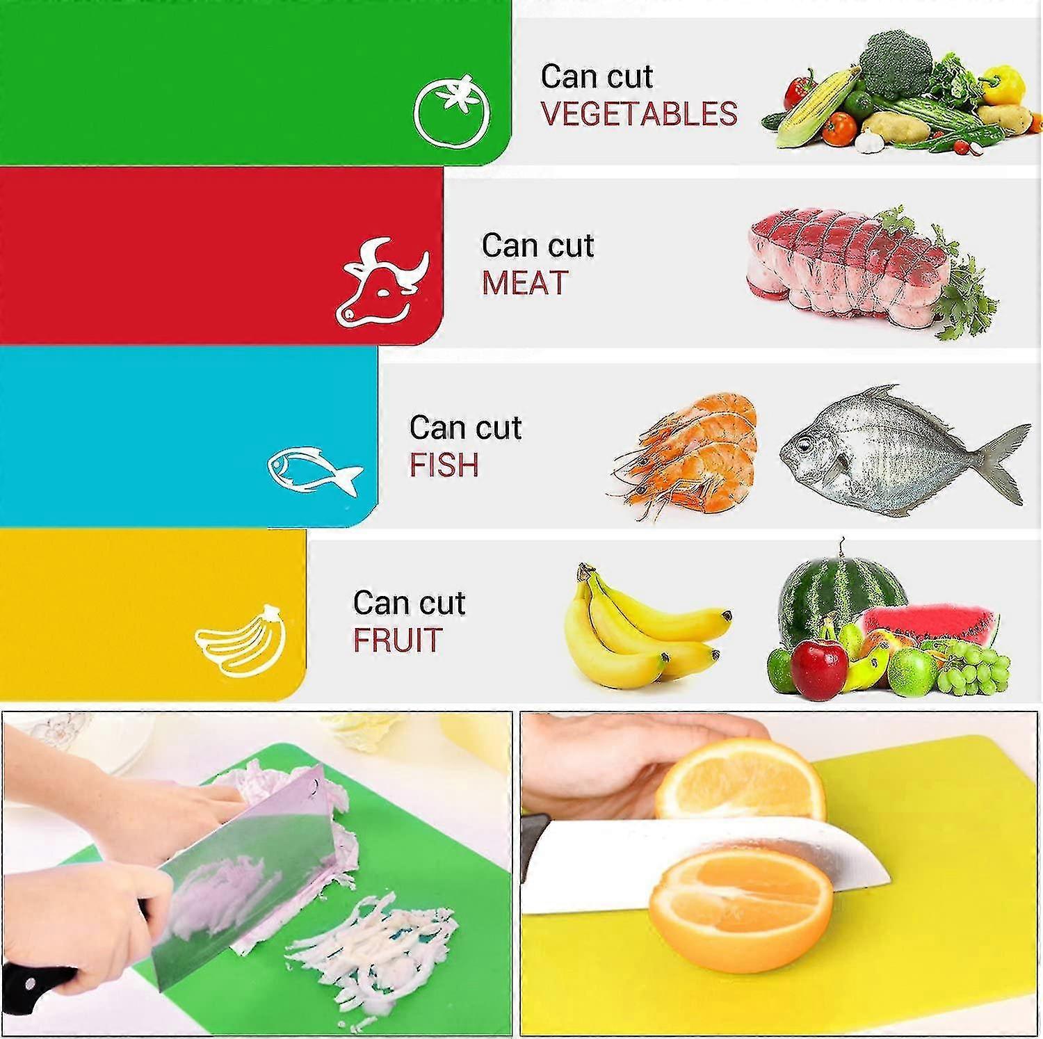 Extra Thick Flexible Plastic Kitchen Cutting Board Mats Set, Set Of 4 Colored Mats With Food Icons & Easy-grip Handles