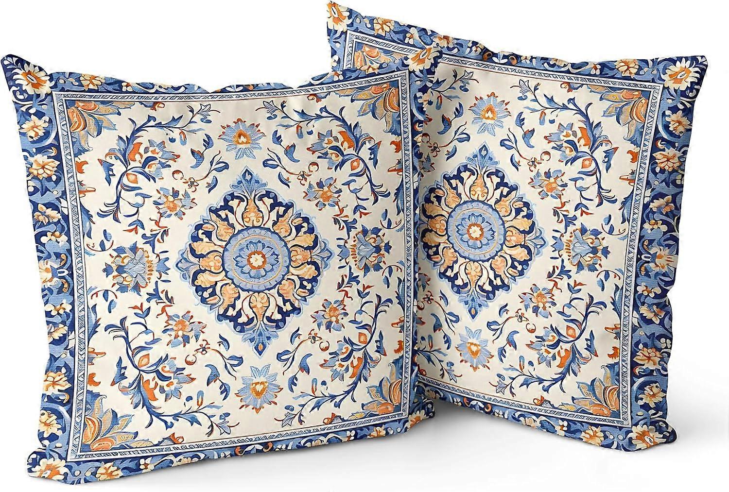 Boho Throw Pillow Covers 18x18 inch Set of 2, Blue White Monaco Vintage Double Sided Pattern Mandala Pillow Cushion Cover Bohemian Pillowcase for Couc