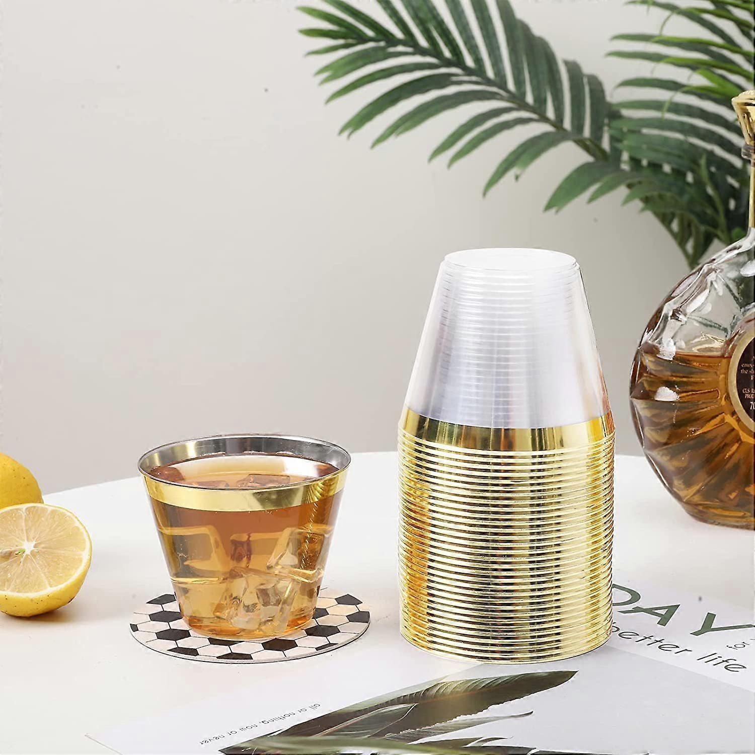 عبوة من 50 مزامير شمبانيا بلاستيكية ، 270 مل ، أكواب مشروبات قابلة لإعادة الاستخدام ، أكواب بلاستيكية بحافة ذهبية ، مناسبة للحفلات ، حفلات الزفاف ، أعياد الميلاد ، الشاطئ ، النزهة