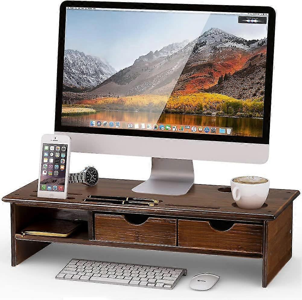 Monitor Stand Riser With Storage Organizer Drawers Bambooretro Brown