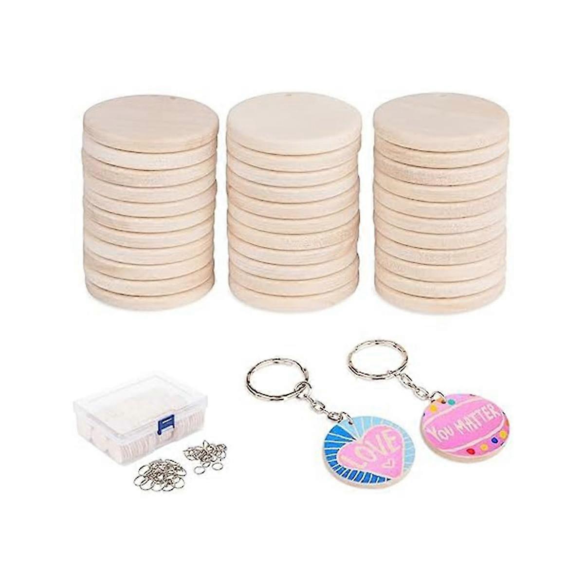 100Pcs Wooden Circles for Crafts, 3.5cm Unfinished Wooden Keychain Wooden Circles for DIY Craft Chr