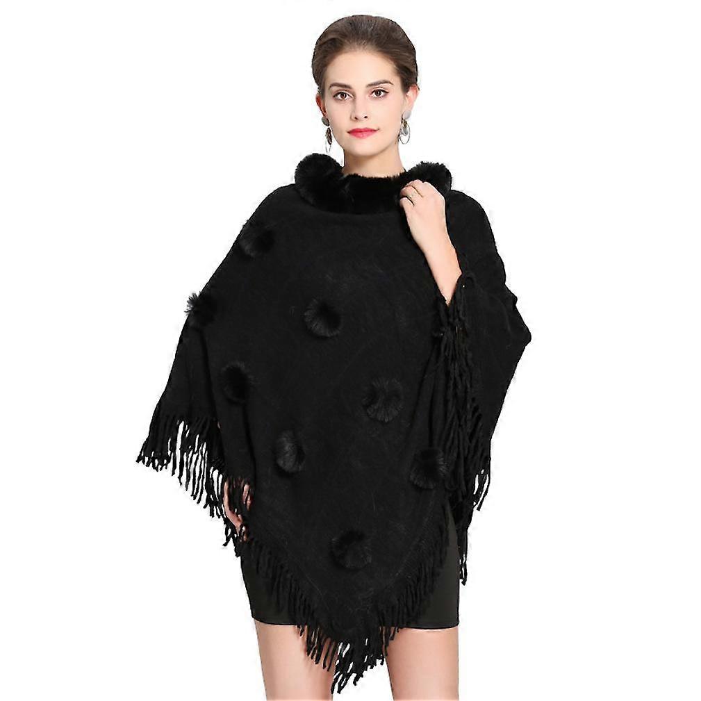 Pullover Warm Wraps Shawls with Faux Fur Trimming V shape Black Cape for Lady