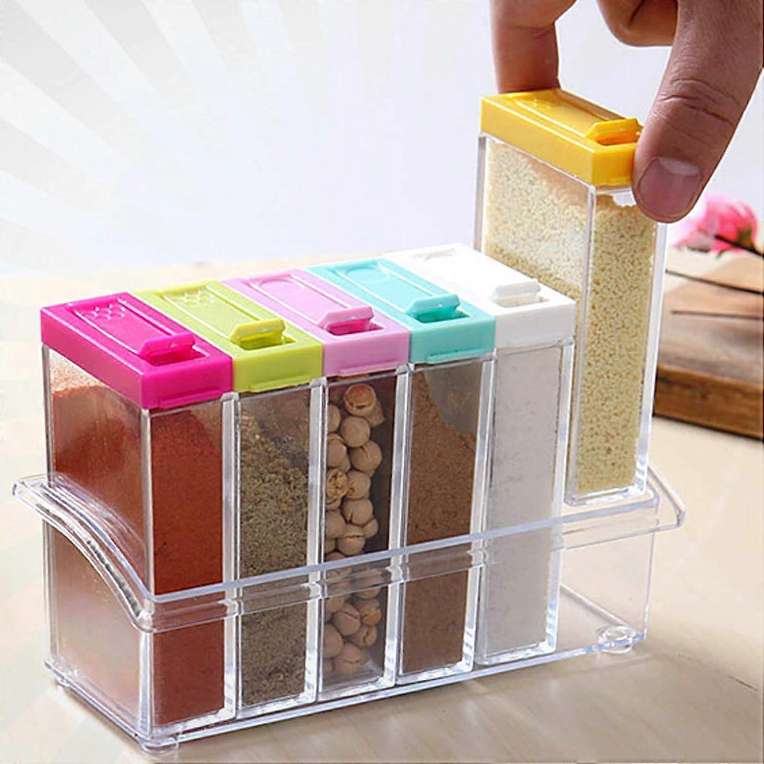 6pcs/Set Spice Shaker Seasoning Bottle, Jar Condiment Storage Container with Tray,Clear Seasoning Rack Spice Pots Storage Rack Kitchen Accessories - M