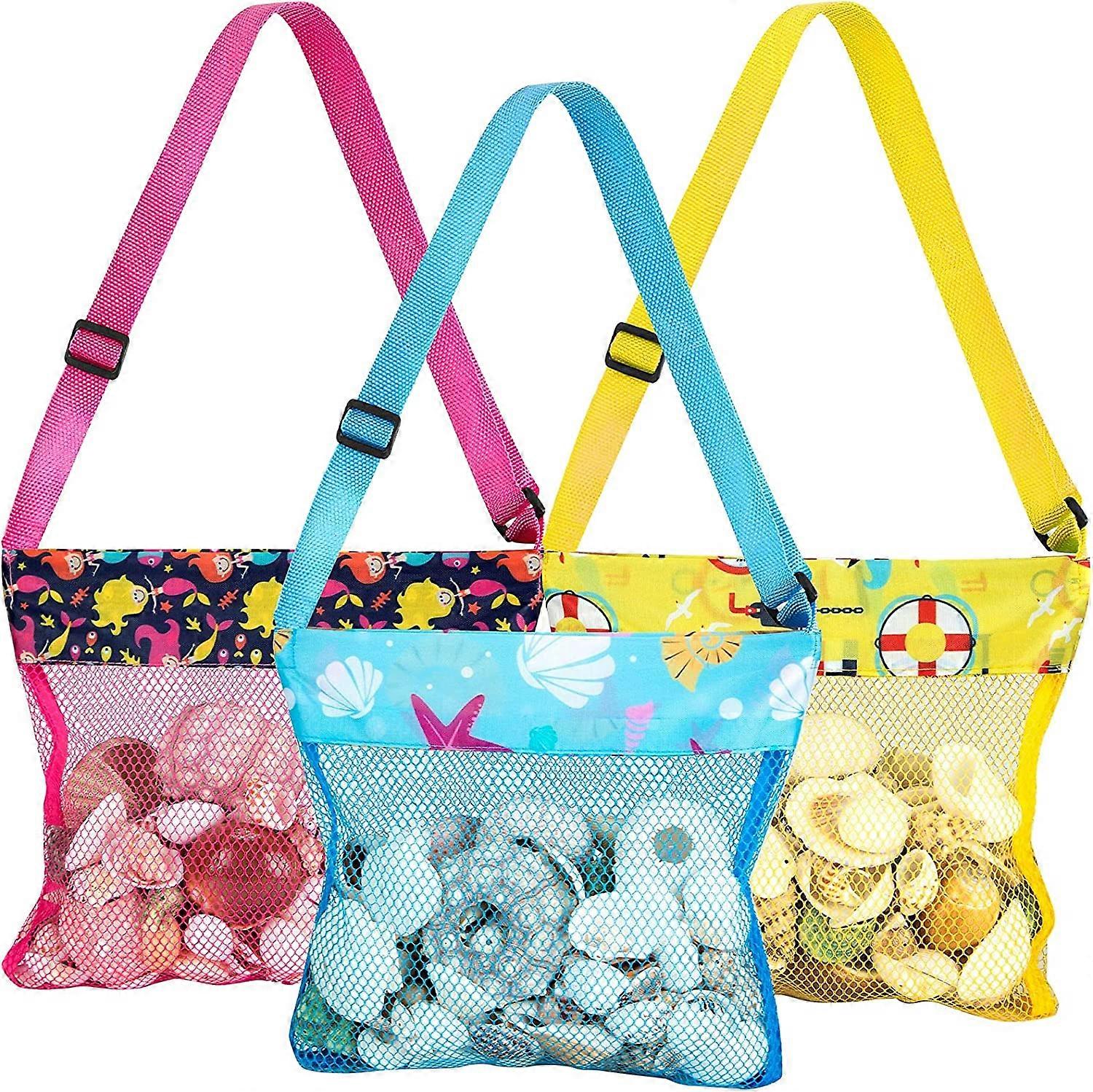 Beach Mesh Shell Bag, 3Pcs Portable Seashell Bags in 3 Colors, with Adjustable Mesh Beach Bags for Seashell Collecting, Storage Fruit Vegetable or Toy