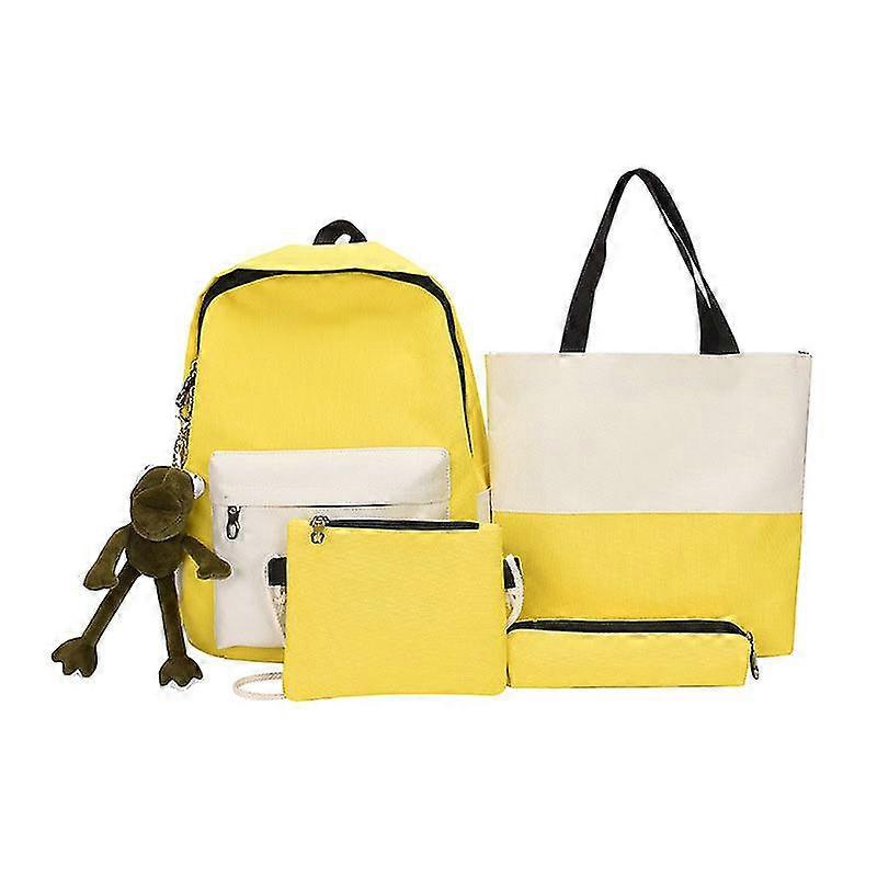 4pcs Canvas School Bag Primary Student Backpack British Wind Elementary Bookbag Bag Sets With Plush Doll