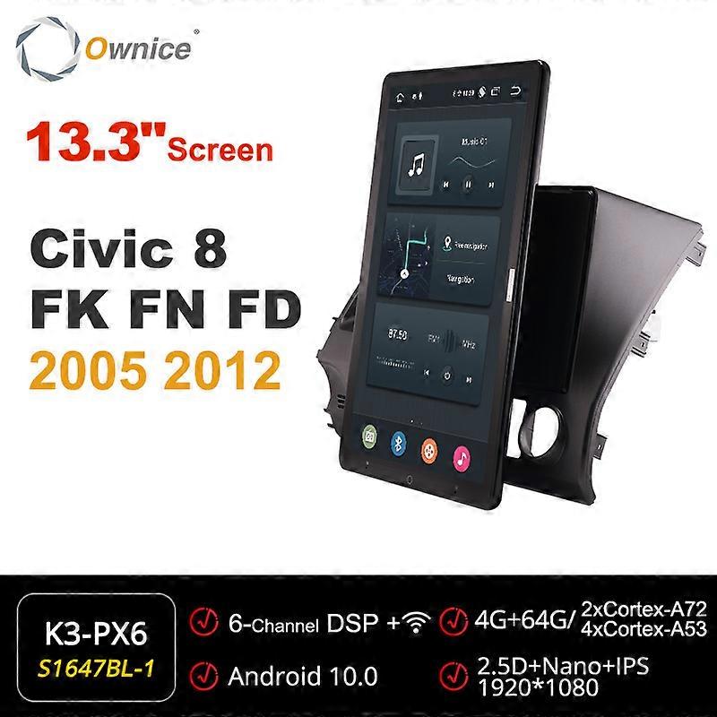 Tesla Style PX6 Android 10 Car DVD Player 13.3" Auto Rotatable Navigation GPS Stereo Radio For Honda Civic 8 FK FN FD 2005-2012