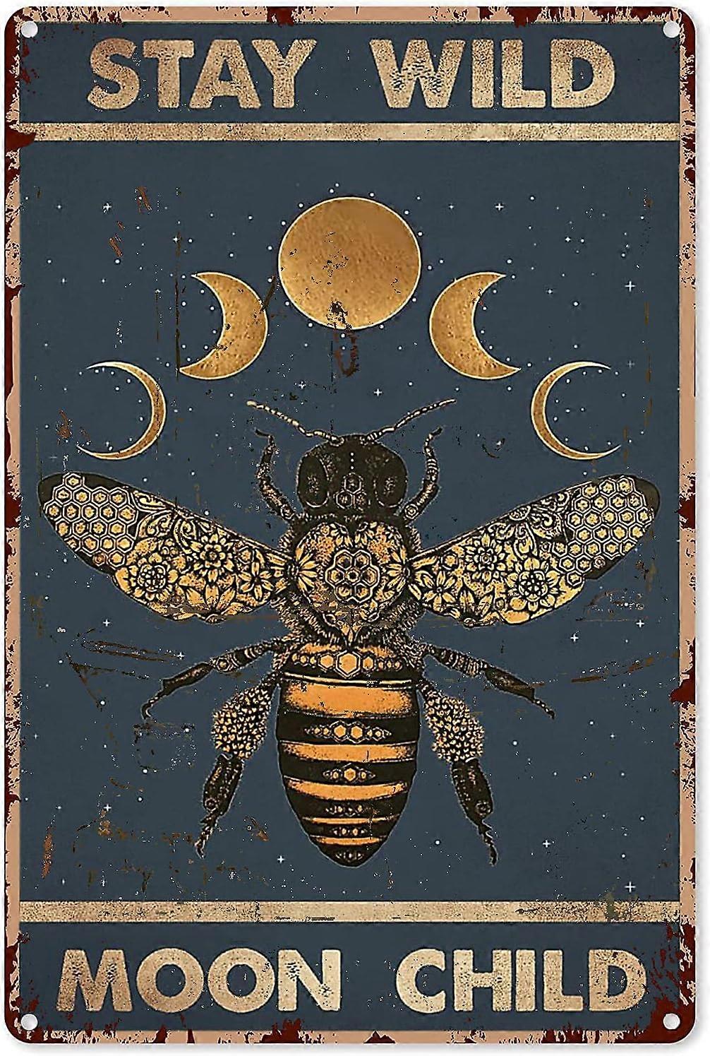 LINCMAN Jardin Wall Art Decor Stay Wild Moonchild Bee Hippie Signe Métallique Décor Étain Panneau Al