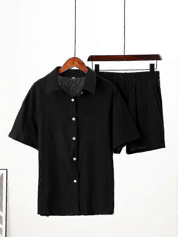 Yeni Pamuk Yaka Uzun Kollu Gömlek 2 parçalı Kadın Tek Göğüslü Üst Takım Bahar Bayanlar Yüksek Bel İpli Şort Takım