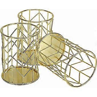 Round Wire Metal Pen Cups Makeup Brush Holder, Cylindrical Desktop Organizer Office School Home(3pcs, Gold)