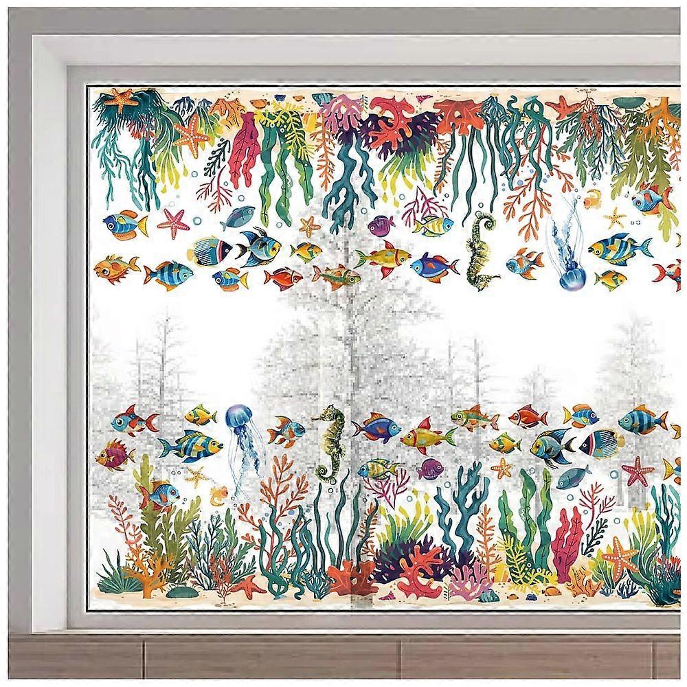 PVC Window Static Stickers Rectangle Shape for Window Decoration Fish 380x1160mm