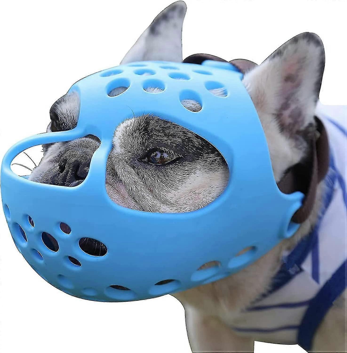 Short Snout Dog Muzzle,soft Silicone Adjustable Breathable Bulldog Muzzle For French Bulldog Shih Tzu And Pug For Biting Chewing L Blue