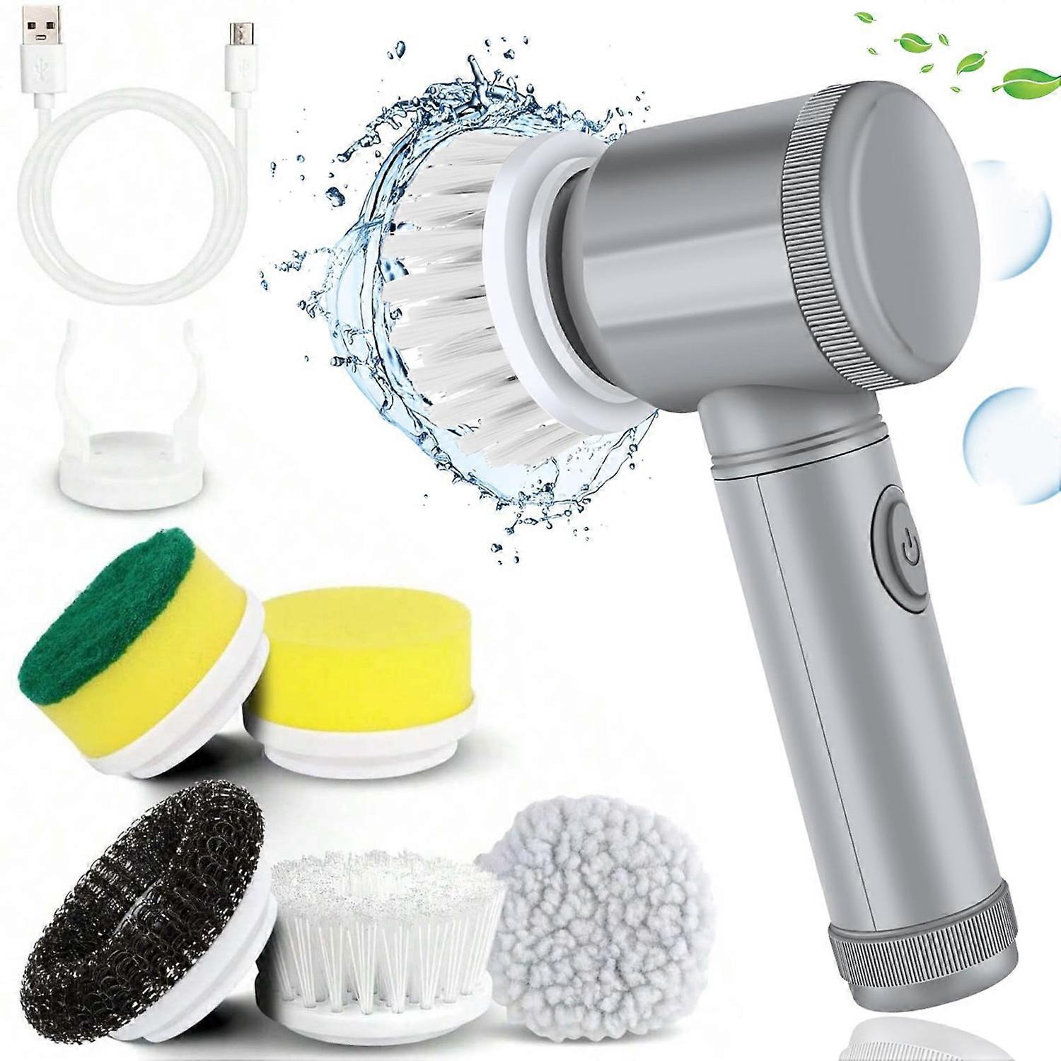 Electric Scrubber Cordless Power Cleaning Brush with 5 Replaceable Brush Heads - Grey