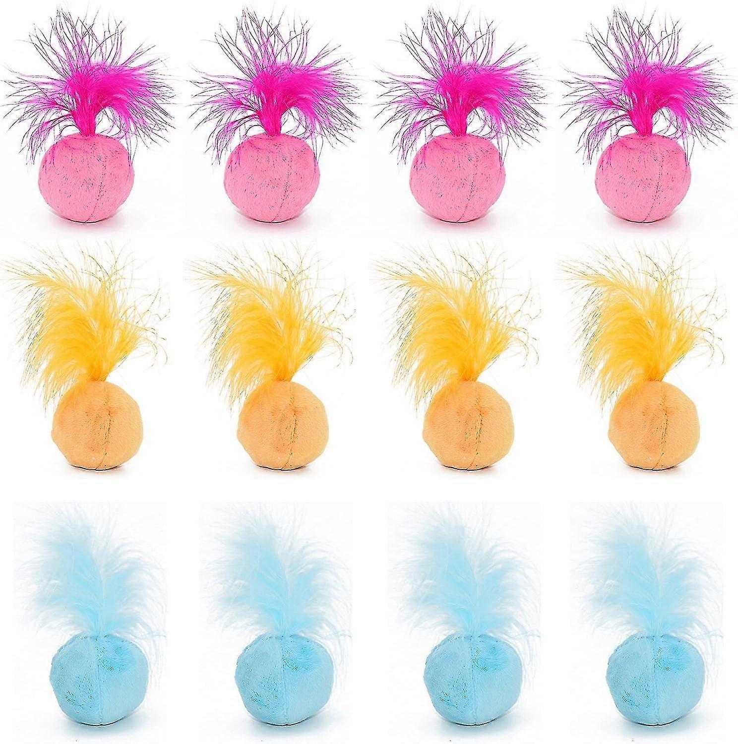 Furry Rattle Ball Cat Toy with Feather and Catnip - Interactive Pom Pom Balls for Cats, Soft and Lightweight, 2 Inch, Bulk Pack. -12 Pack