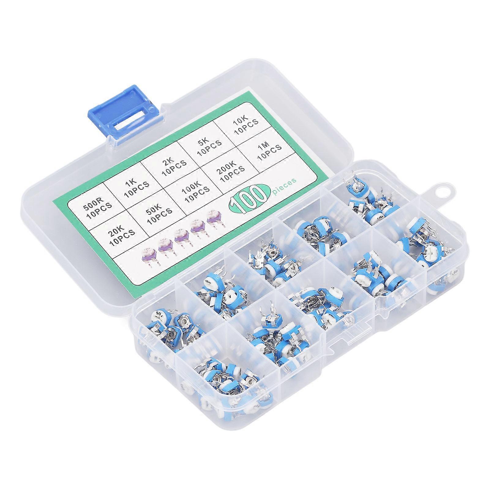 100 Pcs Variable Resistor 10 Values 500R To 1M RM065 Blue White Trimmer Potentiometer Assortment Kit