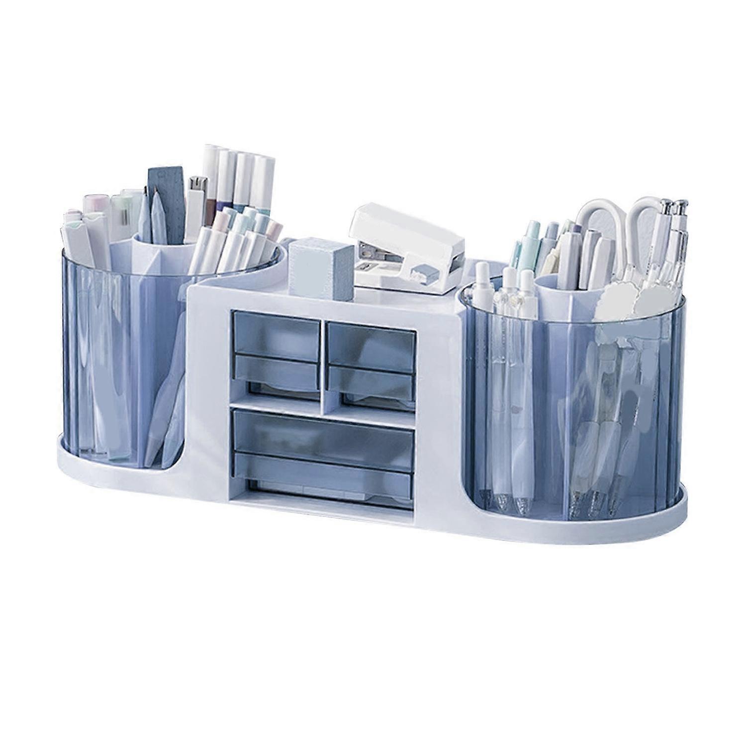 360 Degree Rotating Pen Holder Plastic Desktop Organizers with 2 Pen Holders and Drawer for Office S