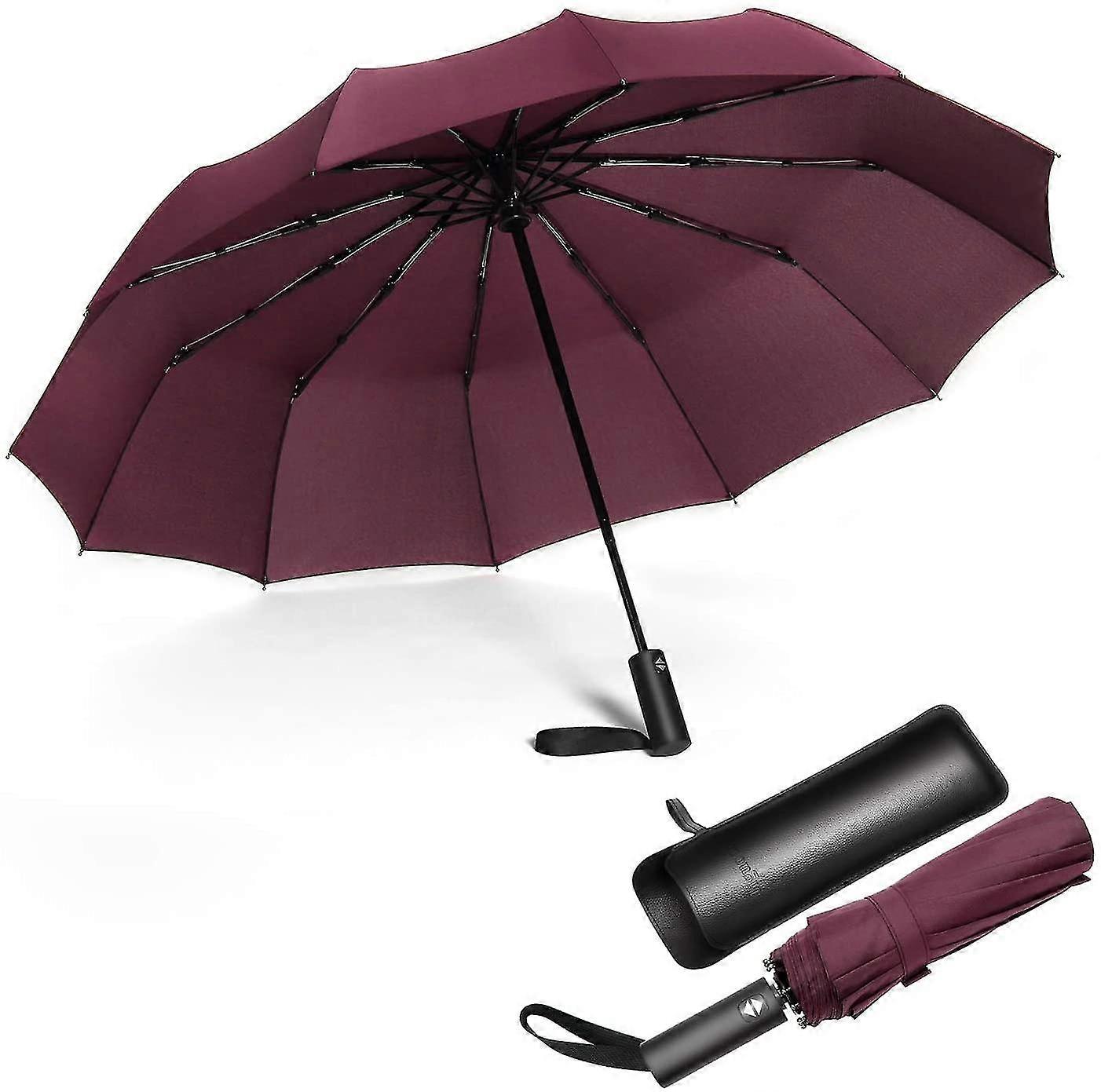 Umbrella, Compact and Automatic, Wind - Resistant, with Protective Case, Maroon Color