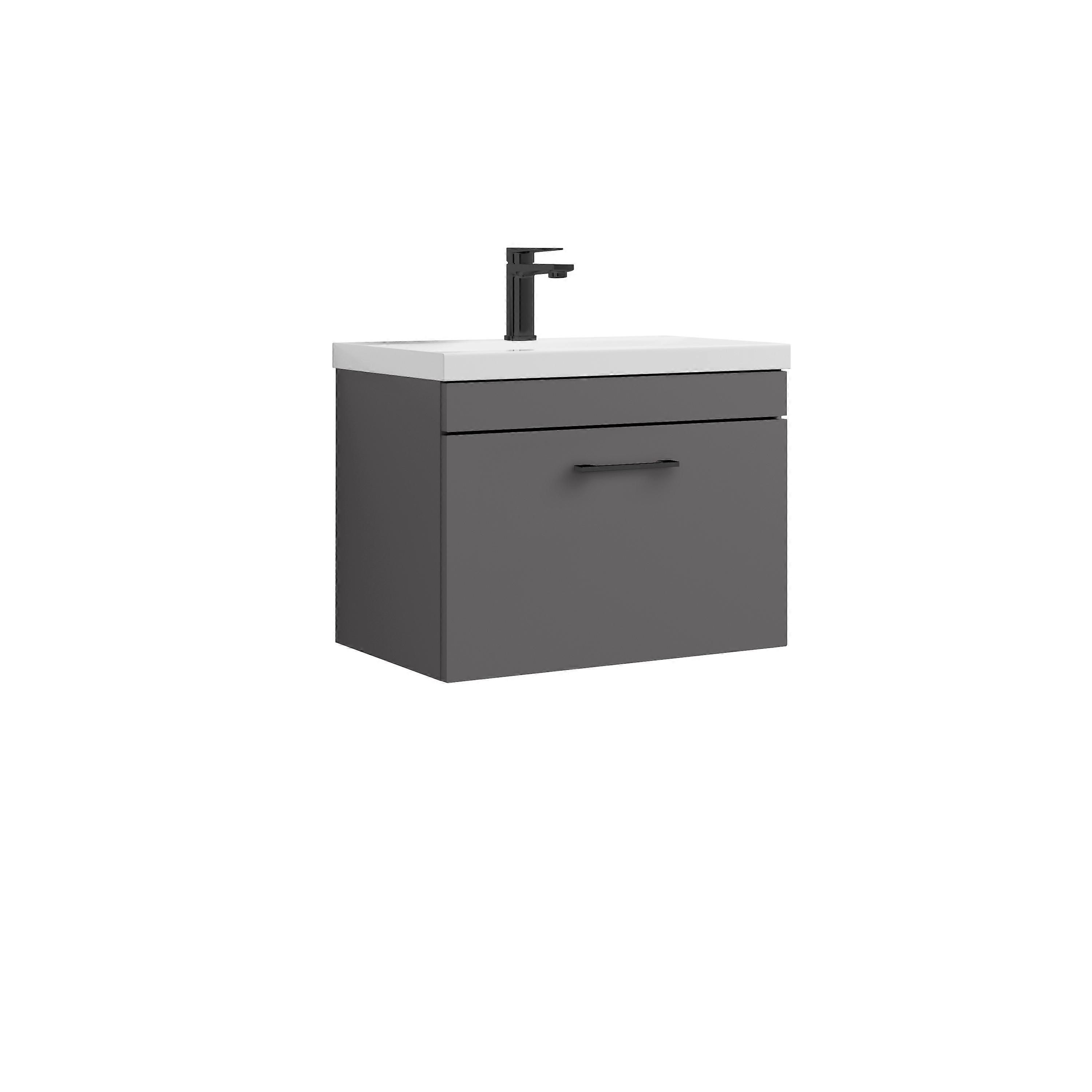 Rio 1 Drawer Wall Hung Vanity Basin Unit - 600mm - Gloss Grey with Square Black D-shaped handle (Tap Not Included) - Balterley Faucet
