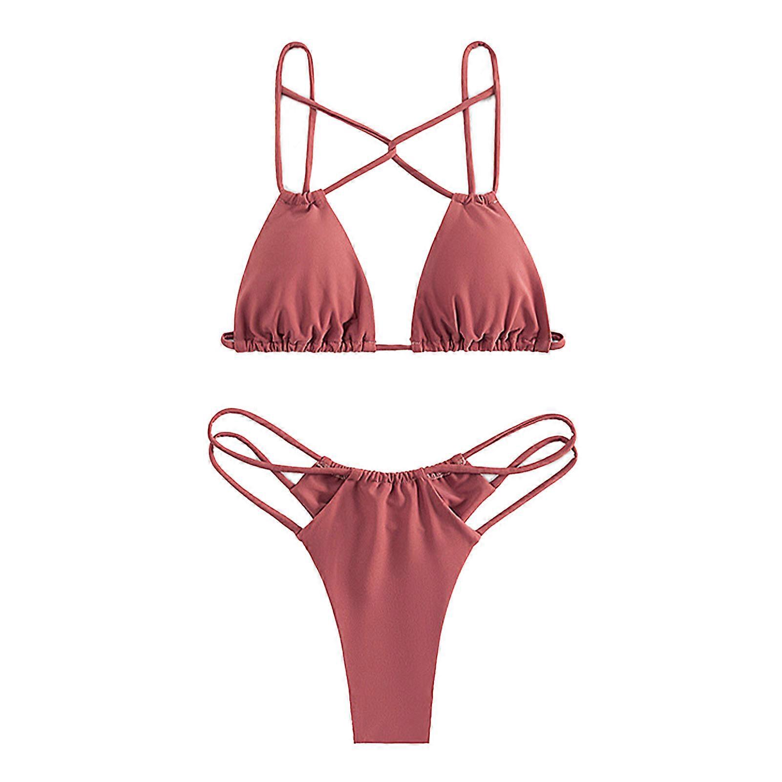 Women's Bikini Set Cross Spaghetti Strap Backless Solid Color Two Piece Bikini Swimsuit Bathing Suits