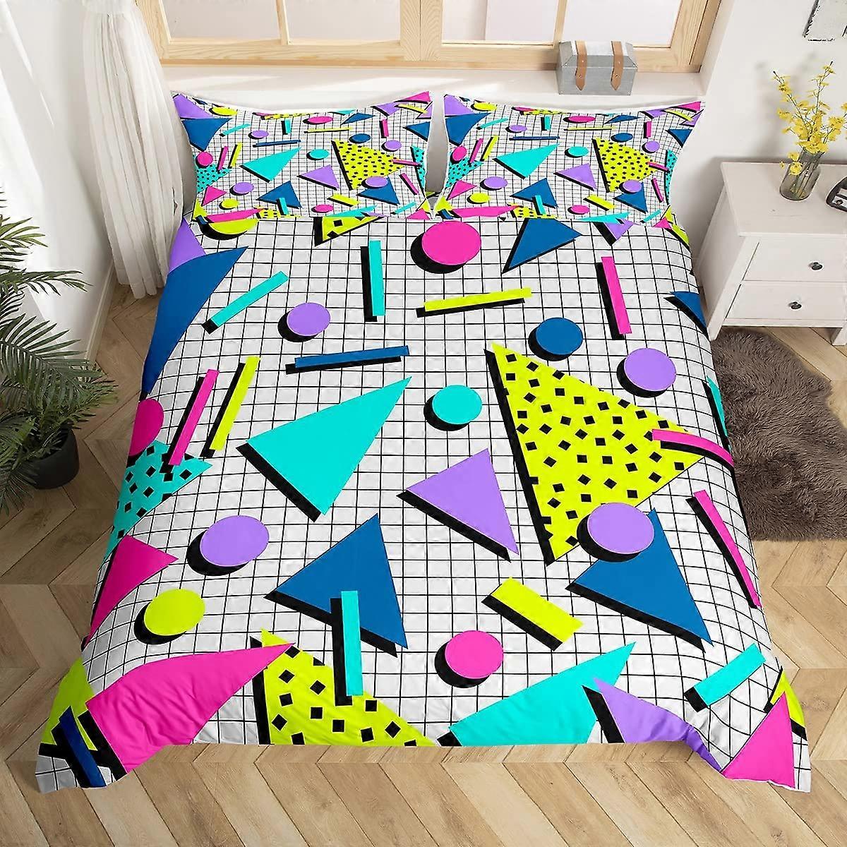 Retro Memphis Style Pattern Bedding Set Queen Size, Geometric Shapes Pattern, 100% Cotton Bedding, Bedroom Decor